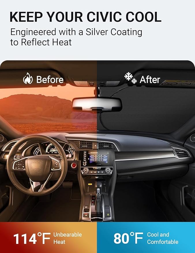 Proadsy 2025 Upgrade Windshield Sun Shade Custom Fit Honda Civic 2016-2021 4-Layer Foldable Front Sunshade Protector Sun Visor Blocks UV Rays Keep Car Cooler Accessories