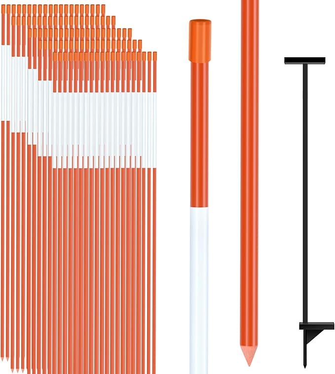 100PCS 48" Driveway Markers, 5/16 Inch Dia Reflective Driveway Poles with Installation Tool, Orange Fiberglass Snow Stakes with Reflective Tape for Parking Lots, Walkways