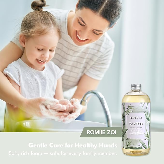ROMIIE ZOI Liquid Hand Soap Refills Set – Bamboo Scent – 750ML x 3 Bottles Refill – Gentle Formula with Essential Oils – Biodegradable & Cruelty-Free for Sensitive Skin, Kitchen & Bathroom