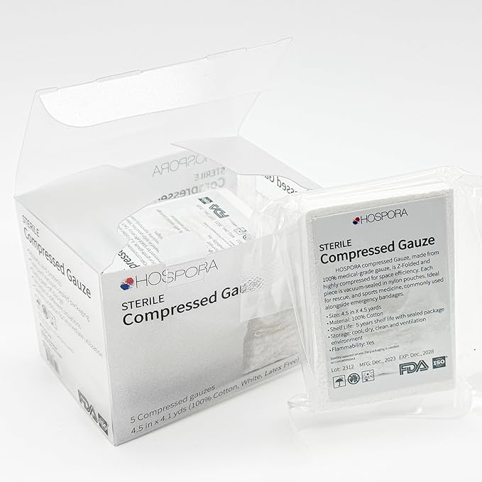 HOSPORA 100% Cotton Z Folded Sterile Compressed Gauze, 4.5 in x 4.1 Yards, First Aid and Emergency Kit Gauze Pads(Pack of 5)