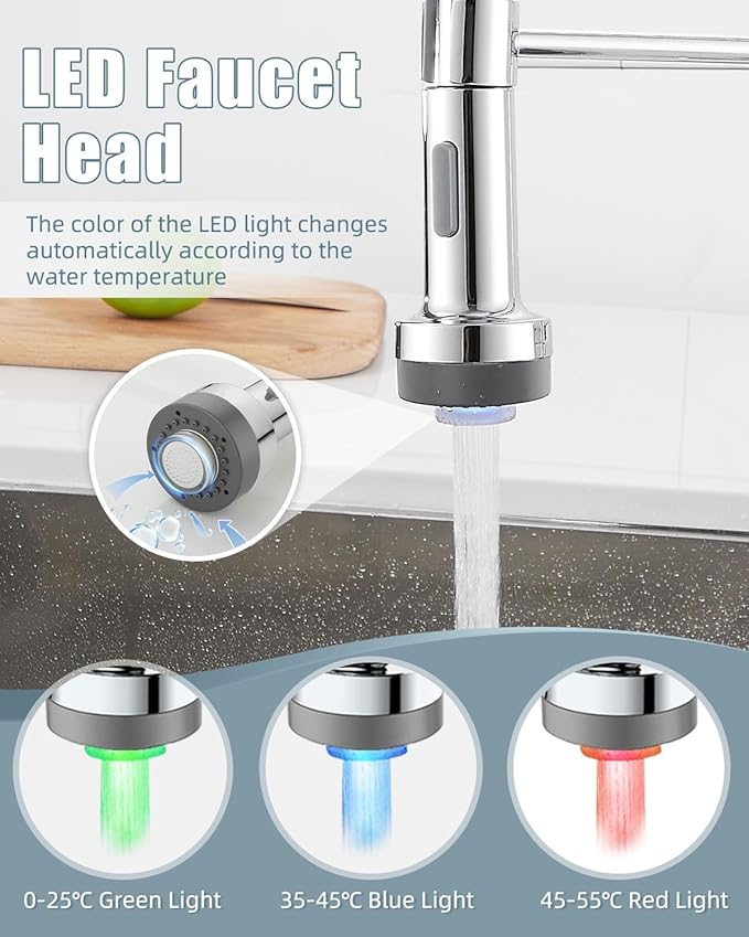 LED Kitchen Faucet with Soap Dispenser, Chrome Kitchen Faucet, Faucet for Kitchen Sink, Single Handle Stainless Steel Camper Farmhouse RV Sink Faucets with Pull Down Sprayer
