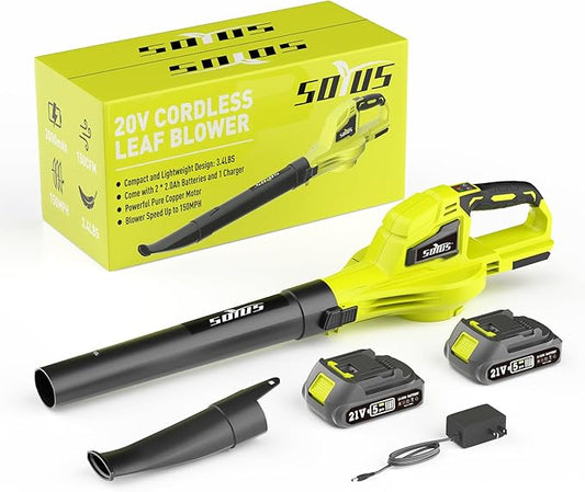 SOYUS Leaf Blower, 20V Leaf Blower Cordless with 2x2.0Ah Battery and Charger, 150 MPH Electric Leaf Blowers with Two-Speed Mode, Blowers for Lawn Care, Debris Dust Cleaning(Green)