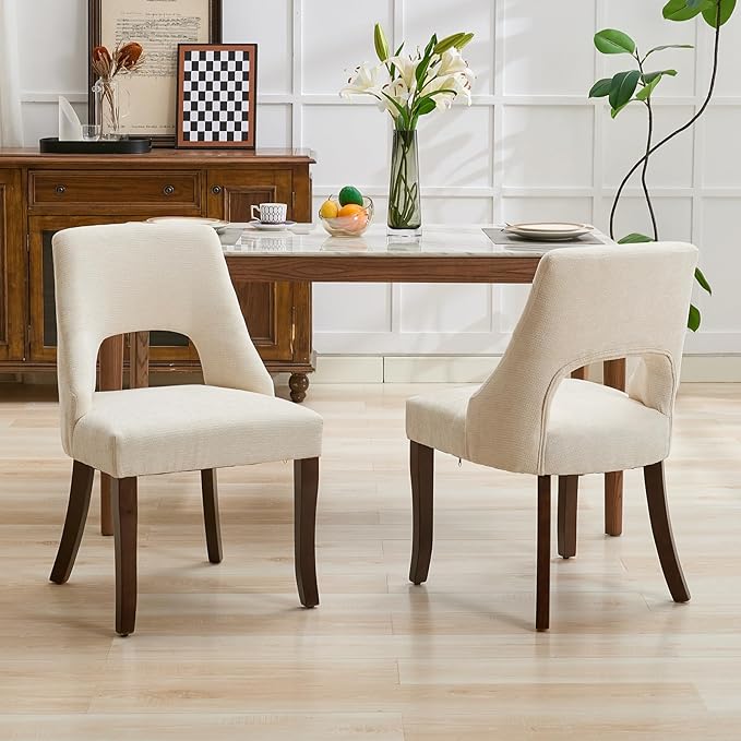 UVV Wooden Dining Chairs Set of 6, Mid Century Modern Fabric Upholstered Dining Room Chair Kitchen Chairs, Farmhouse Dinner Chair with Solid Wood Legs for Kitchen Dining Room, Beige