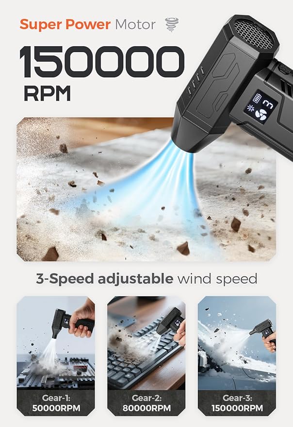 Compressed Air Duster 150000RPM Super Power Electric Air Duster,Cordless Air Blower with Led Light,Replace Canned Air,Compact Dust Blower for Computer, Keyboard, House, Outdoor and Car