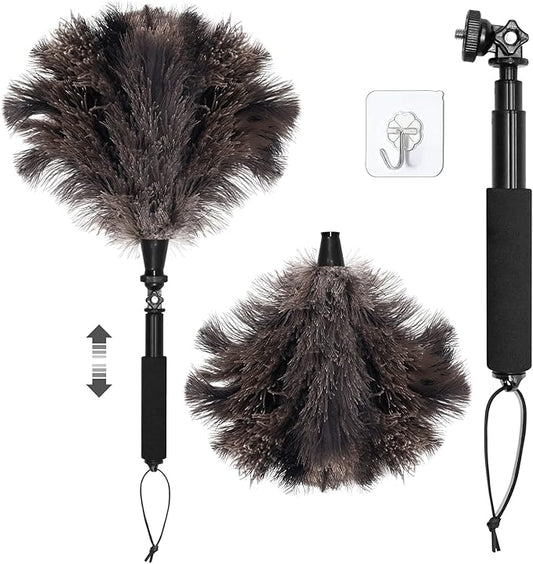 Extendable Ostrich Feather Duster with 17-42 inch Rotatable Aluminum Alloy Pole, Natural Fluffy Reusable Feather Duster for Cleaning High Ceilings, Pendant Lamps, Blinds, Furniture and Roof