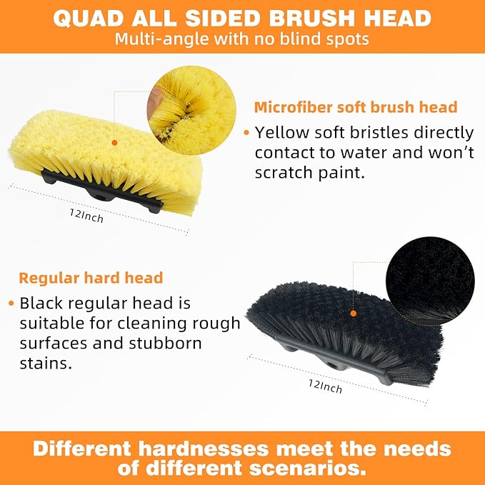 12FT Car Wash Brush with Long Handle Telescopic Pole Car Cleaning Tool with 12" Soft Bristle and Hard Bristle Wash Equipment Kit for Car Truck House Floor Glass Roof Solar Panels