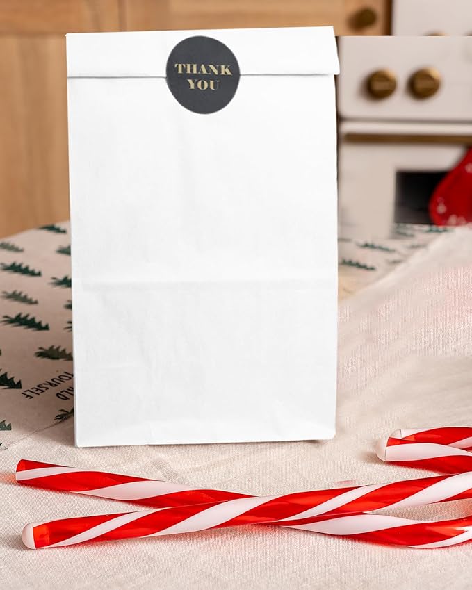 Bakepacker 100 Pcs White Treat Paper Bags with 100 Stickers 5.1"x3.1"x9.4" Small Party Gift Bag Snack Bag without Handle