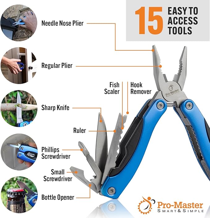 15-in-1 Multitool with Safety Lock, Stainless Steel Pocket Knife & Pliers, Compact EDC Multi Tool, Spring Loaded for Camping, Hiking, Fishing, Outdoors, Survival, Gift for Men, Dad, Husband, Boyfriend