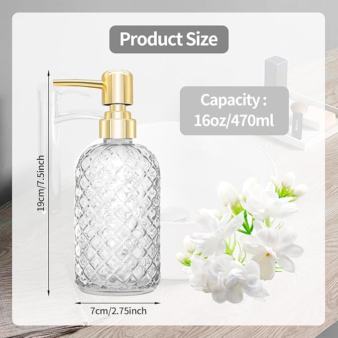 450ml Glass Soap Dispenser with Pump, 16 oz Diamond Cut Design Refillable Liquid Hand Soap Bottle Dispenser for Bathroom, Countertop, Kitchen, Laundry Room, Home Decor Accessories