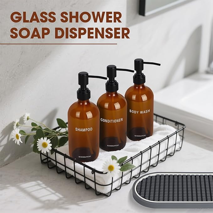 Glass Shampoo and Conditioner Dispenser-Shampoo Dispenser for Shower-16.9 fl oz Set of 3 Refillable Glass Bottles with Pump and Labels-Shower Soap Dispenser for Bathroom(Amber)