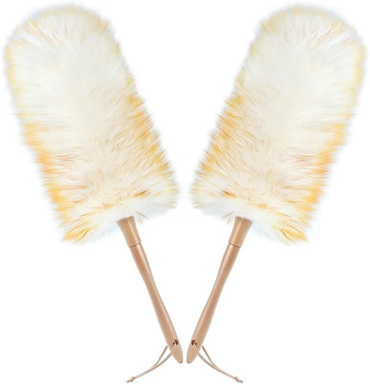 ONESIMUS 2 Pack Lambswool Dusters Fluffy Handheld Natural Feather Duster, 16.5 inch Washable Reusable Wool Dusters with Solid Wooden Handle for Cleaning Ceiling Fan, Interior, & Car etc