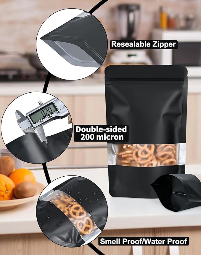 FireKylin 100 Pack Smell Proof Bags, Resealable Bags with Matte Window, Foil Pouch Stand Up Sealable Bags for Packaging（Black，4" x 6"）