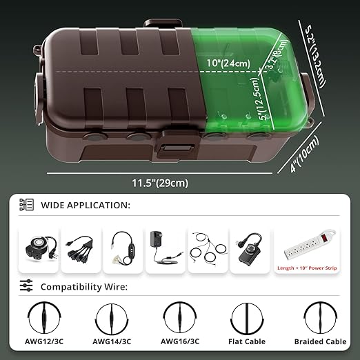 QUOBAS 2 Pack Outdoor Waterproof Electrical Box with 6 Cable Ports, IP54 Weatherproof Heavy-Duty Extension Cord Cover for Power Strips, Garden Power Tools, Holiday Lights, Brown
