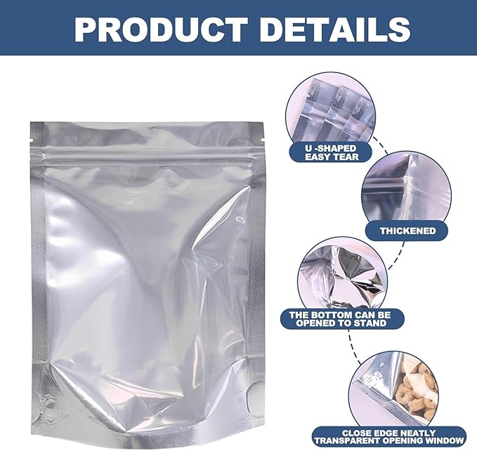50 Pack Resealable Reusable Mylar Bags Stand Up Zipper Aluminum Foil With Clear Front Window 5"X7" for Food Storage Heat Seal Pouches Small Business Home Multipurpose