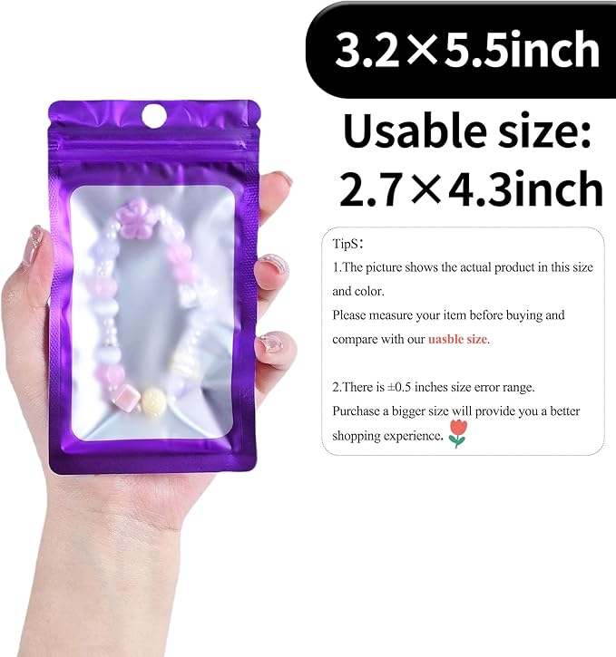 100 Pack Resealable Plastic Bags for Food Storage, Zipper Bags with Clear Front Window, Packaging Pouch for Small Business (Purple, 3.2x5.5 inch)