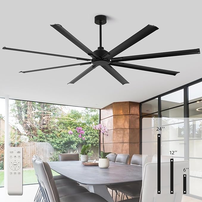 96 Inch Industrial Ceiling Fans without Lights，Large Ceiling Fan with 8 Reversible Aluminum Blades, 6-Speed Remote Control, Home or Commercial Ceiling Fan for Porch，Garage，Shop