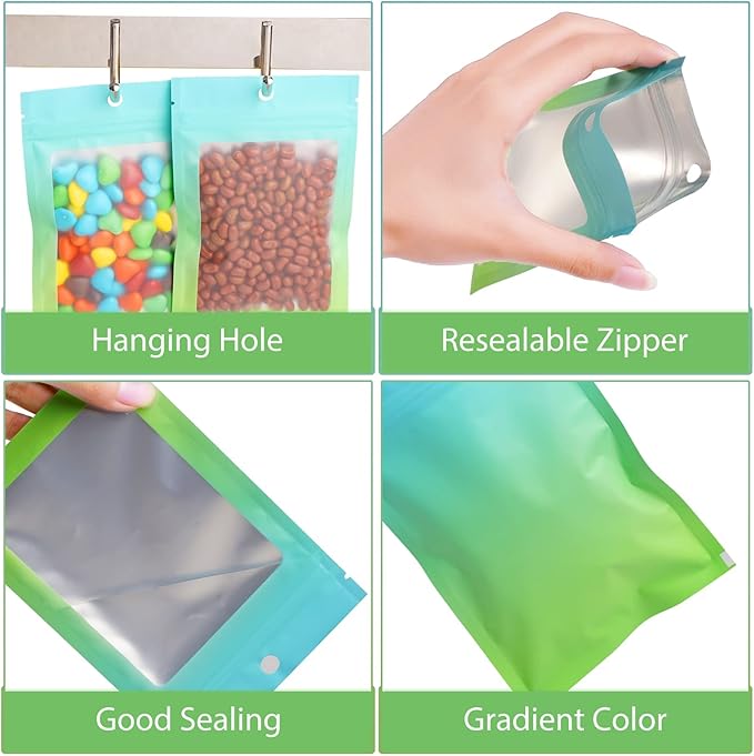 Funfery 100 Pack Resealable Bags Smell Proof Bags for Food Storage,Clear Cute Mylar Bags for Small Business Foil Pouch Zipper Packaging Bag for Sample Jewelry Eyelash Gloss(Blue Green,3.1×4.7in)