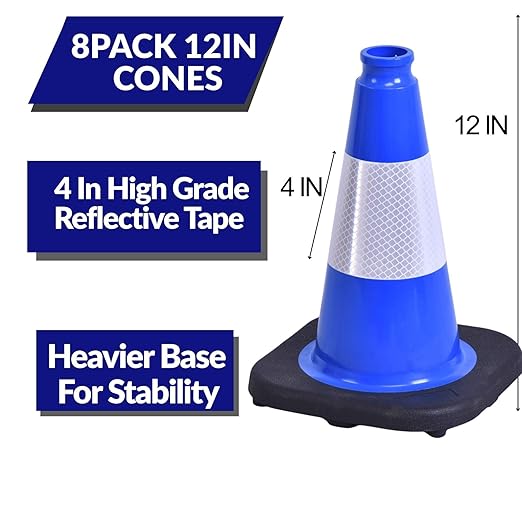 BESEA 8Pack 12 Inch Blue Traffic Cones with 4 Inch Reflective Collar, Heavy Duty PVC Safety Cones with 8.5 x 8.5 Inch Base for Parking, Driving Practice, Sports Training, and Construction