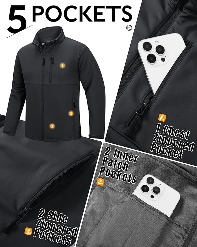 Outdoor Ventures Men's Softshell Jacket Waterproof Fleece Lined Rain Shell Jacket Lightweight Windbreaker for Hiking Travel