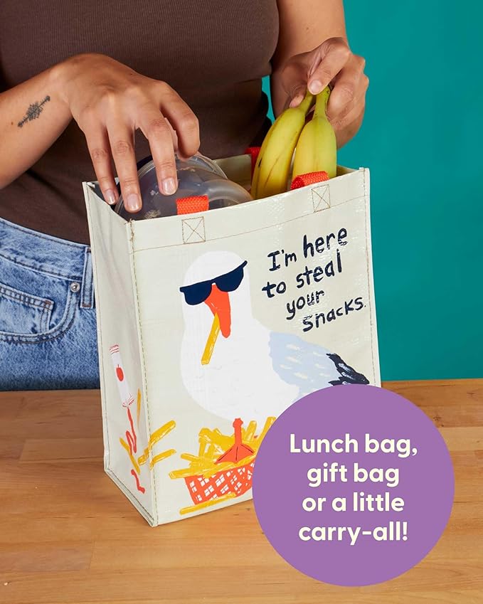 Blue Q Handy Tote - I'm Here to Steal Your Snacks. Reusable lunch sack, little gift bag, sneaky seagull design, sturdy and easy-to-wipe-clean, made from 95% recycled material, 10" h x 8.5" w x 4.5" d