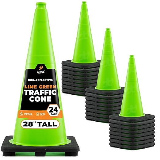 Xpose Safety 28” Lime Green Traffic Cone - 24 Pack - Premium PVC Safety Cone for Parking, Caution, Construction, Road Crews, Emergency Vehicle - DOT Approved