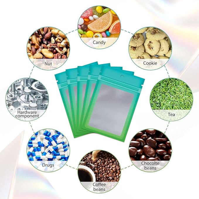 Funfery 100 Pack Resealable Bags for Food Storage,Clear Cute Mylar Bags for Small Business Foil Pouch Zipper Packaging Bag for Sample Jewelry Eyelash Gloss(Blue Green,4.7×7in)