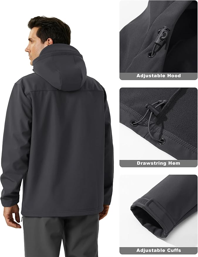 MAGCOMSEN Men's Waterproof Fleece Lined Rain Jacket Lightweight Softshell Raincoat with Hood Winter Hiking Windbreaker