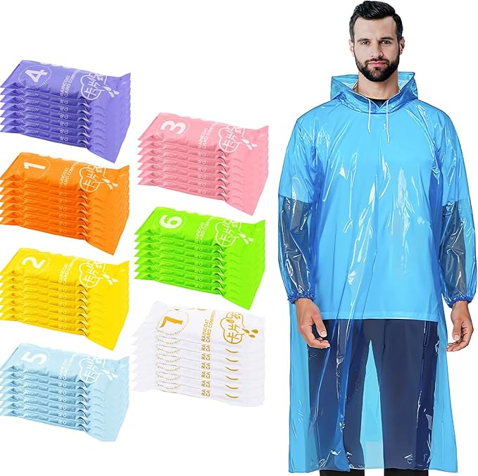 49/98 Pcs Disposable Rain Ponchos for Adults with Padded Drawstring Hoods and Pockets, Suitable for Emergency