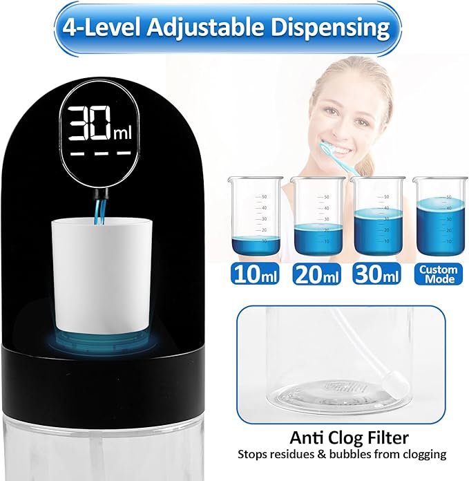 Automatic Mouthwash Dispenser for Bathroom, 600ml (20.29oz) Electric Mouth Wash with Digital Display, 4 Dispensing Modes, Magnetic Cup & Wall Mounted Holder, Bathroom Accessories for All Age Groups