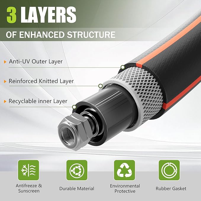 100FT Garden Hose Heavy Duty x 5/8", Lightweight Flexible Water Hose with Nickel-plated Fittings, Kink-Free, Leak-Proof, Easy Storage for Yard Lawn Care Male to Female