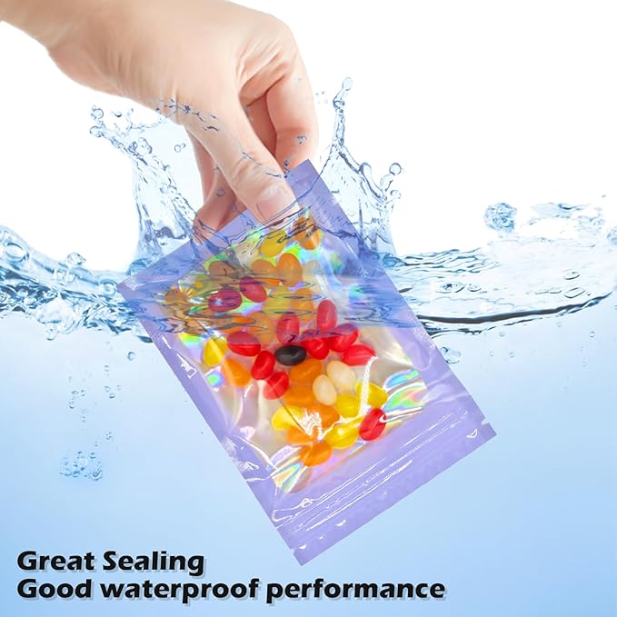 300 Pcs Holographic Mylar Bags, 3 Size Smell Proof Bags with Clear Window Foil Pouch Bags Resealable Bags for Small Business and Food Storage, Purple