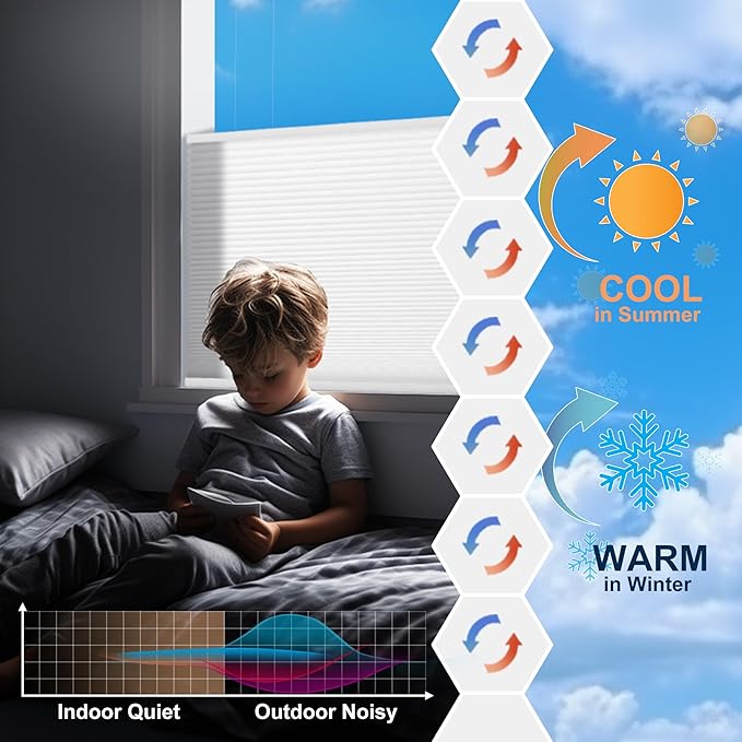 No Drill No Tools Cellular Shades Top Down Bottom Up Blackout Blinds for Windows Cordless Honeycomb Window Shades Easy to Install for Home, Light Filtering-White, 33.5" W x 64" H