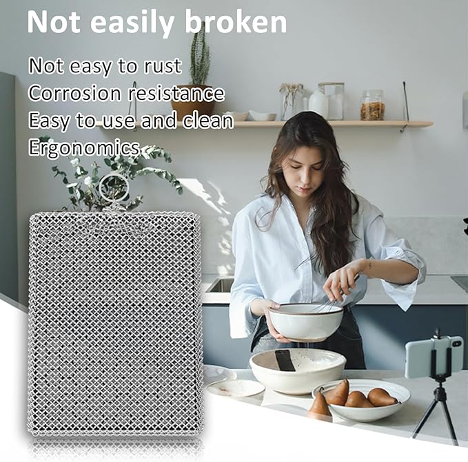 316L Stainless Steel Cast Iron Scrubber Cleaner,Chain Mail Scrubber with Silicone Insert for Cast Iron Skillet, Cleaning Steel Skillet, Wok, Carbon Steel (10CM*12CM)