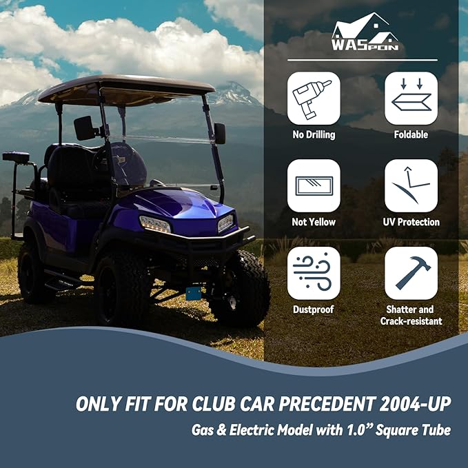 Golf Cart Windshield for EZGO/Club Car DS/Precedent/Yamaha Gas & Electric Models, 5MM Thicken Foldable, Clear Highly Transparent and Impact Resistant Acrylic