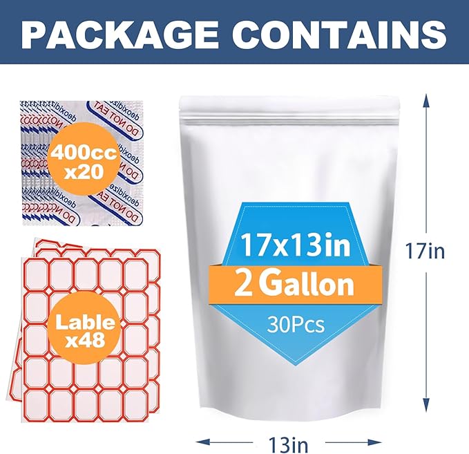 30PCS 2Gallon 17"X13" Mylar Bags for Food Storage with Oxygen Absorbers&Lables,10 Mil Thick Resealable Stand-Up Zipper&Heat Sealable Bags for Long Term Food Storage,Dried Food