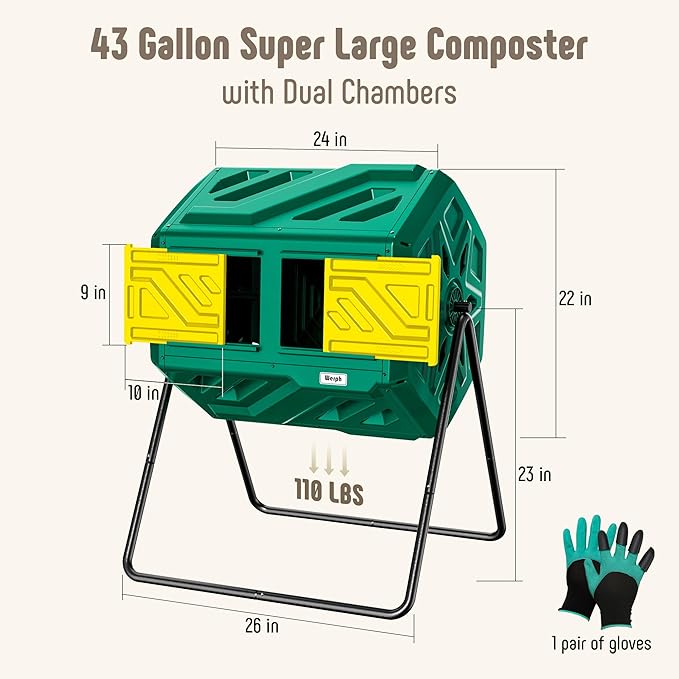 Compost Bin, Outdoor Composter, Fast Assembly 43 Gallon Dual Chamber Outdoor Compost Tumbler, Heavy Duty Tumbling Rotating Composter for Patio, Garden, Yard, Green, Easy Setup, Gloves Included