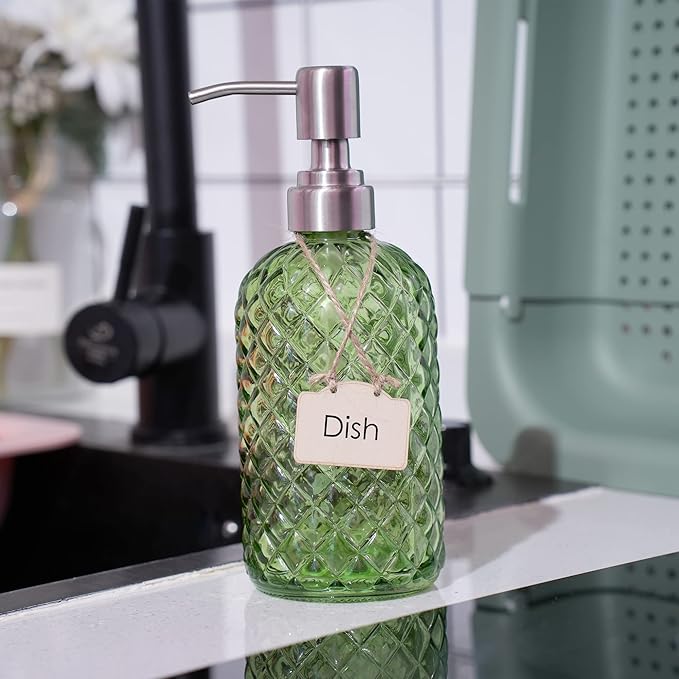 16 Oz Soap Dispenser with 304 Rustproof Stainless Steel Pump, Kitchen, Bathroom Soap Dispenser， Refillable Liquid Glass Soap Dispenser for Hand Soap, Soap, Lotion. (Green)