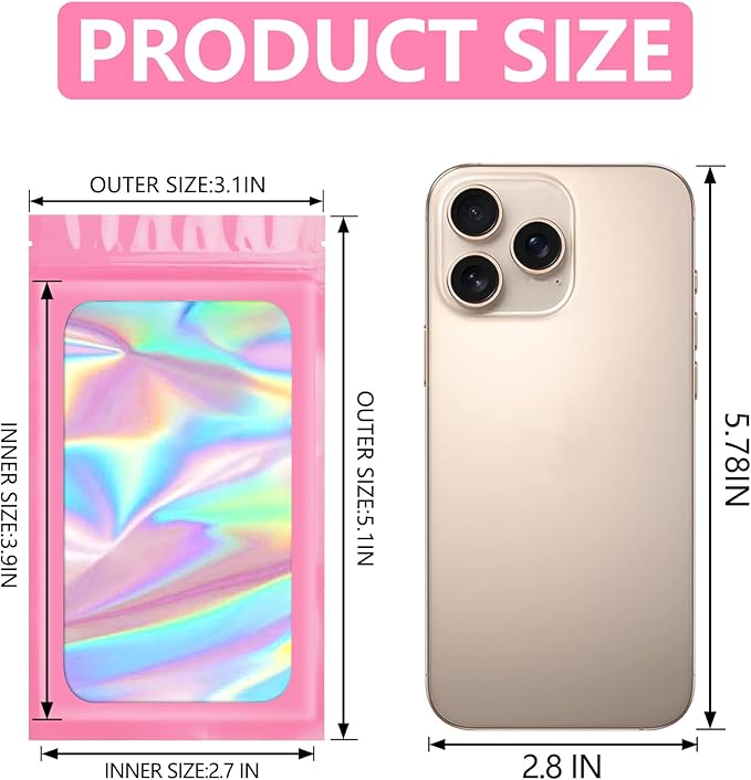 Funfery 100 pcs Pink Smell Proof Mylar Holographic Bags Packaging Bags,Clear Resealable Odor Proof Bag Foil Pouch Bag for Food Storage,Lipgloss,Jewelry,Eyelash Packing for Small Business(3.1x5.1In)