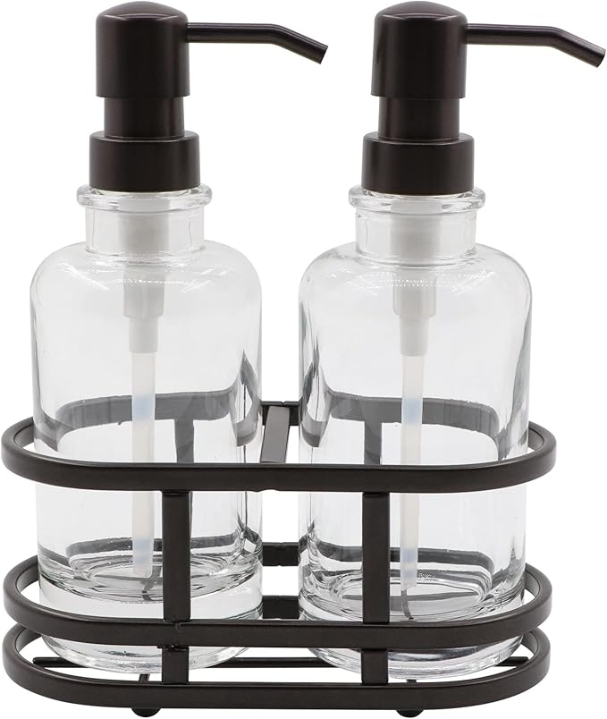 3 Piece Round Heavy Weight Glass Soap Lotion Pump Dispenser Set with Metal Caddy for Home Bath Kitchen Travel Office Hand Crafted Metal Tray Oil Rubbed Bronze