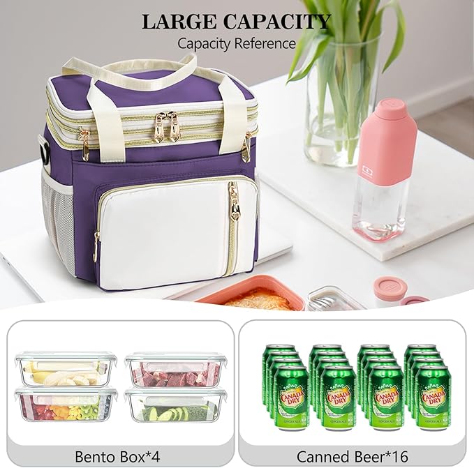 LOKASS Expandable Lunch Box for Women | Adult Lunchbag Cooler Tote Bag with Adjustable Shoulder Strap | Insulated Reusable Womens Lunch Bags for Work Camping Beach | 16L, Purple