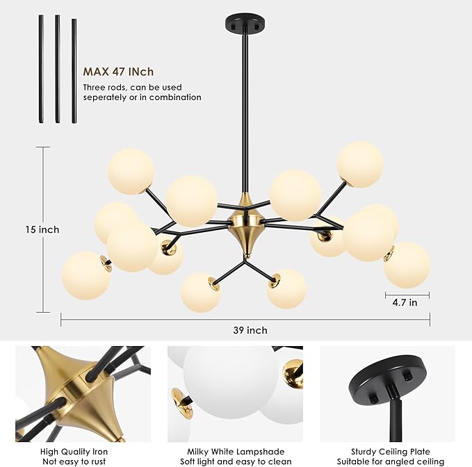 COCOSTAR Black and Gold Dining Room Chandelier, 15 Lights Modern Sputnik Chandelier for Kitchen Island Living Room Bedroom, Ceiling Light Fixture Over Table, G9 Base