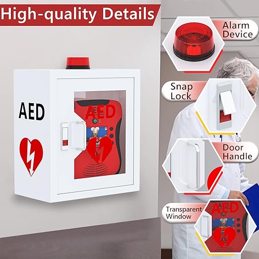 NLShan Wall-Mounted AED Cabinet: Steel Defibrillator Storage Case with Alarm & Handle - Fits Zoll/Cardiac Science/Physio-Control All aed Brands (14.2" Wx7.9 Dx15.8 H)