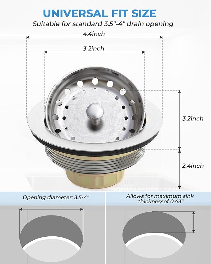 3-1/2 Inch Kitchen Sink Drain Assembly Black Sink Drain Strainer with Stainless Steel Strainer Basket and Drain Stopper Replacement for Standard Kitchen Sink Drain