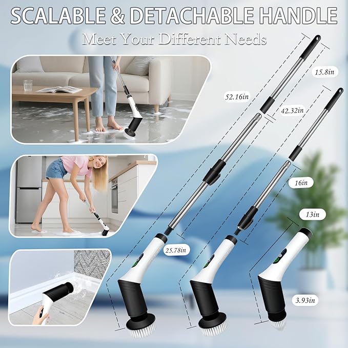 Spin Scrubber,9-In-1Multifunctional Cleaning Brush with Detachable Handle,9 Replaceable Brush Heads&LCD Display,Rechargeable Electric Spin Scrubber for Bedroom,Bathroom,Kitchen,Car