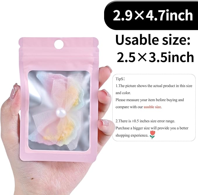 100 Pack Resealable Plastic Bags for Food Storage, Zipper Bags with Clear Front Window, Packaging Pouch for Small Business (Pink, 2.9x4.7 inch)