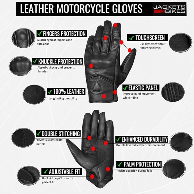 Jackets 4 Bikes Motorcycle Gloves - Premium Leather for Men Women, Touchscreen, Non-Slip, Motorbike Cruiser Street Biker Protector Glove