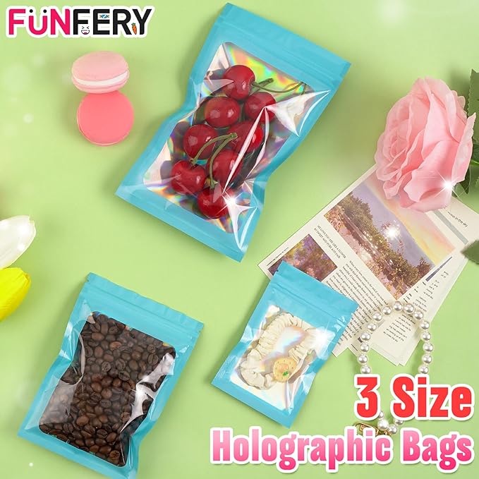 Funfery 300 Pack 3 Size Mylar Holographic Bags with Clear Window,Resealable Bag Smell Proof Foil Baggies Packaging Pouch for Food Storage,Sample,Small Business(Blue,3x4.7,4x6,4.7x7.9in)