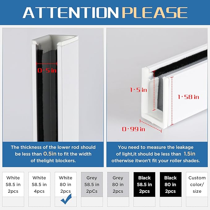 100% Blackout U-Channel Aluminum Light Blocking Strip for Window Shades Roller and Blinds Both Sides Tracks for Blackout Shades Easy to Install Great for Bedroom Nursery (White-2pcs, 80")