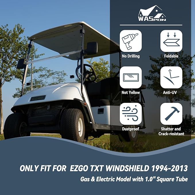 Golf Cart Windshield for EZGO/Club Car DS/Precedent/Yamaha Gas & Electric Models, 5MM Thicken Foldable, Clear Highly Transparent and Impact Resistant Acrylic