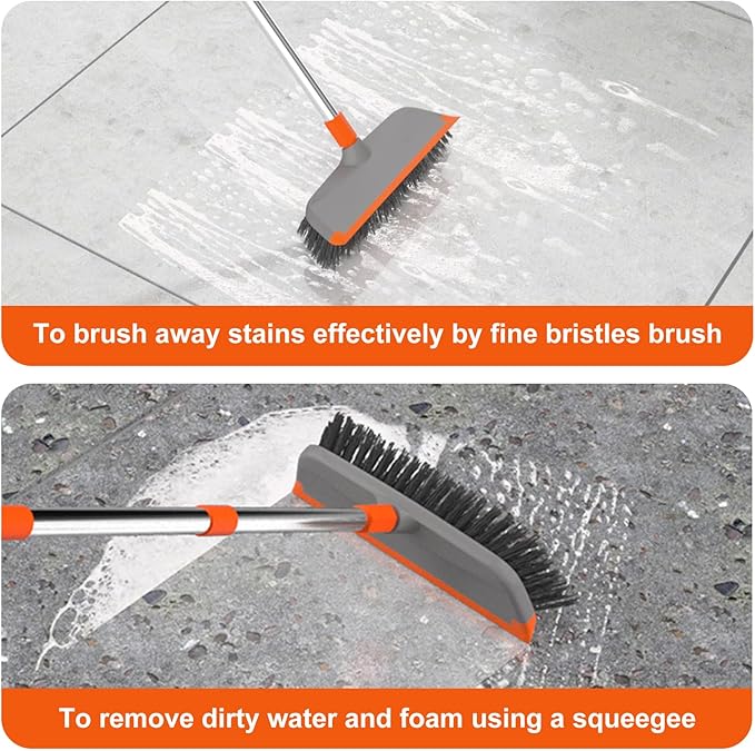 BITOPE Deck Scrub Brush with Long Handle, Heavy Duty Floor Scrubber with Stiff Bristles,Garage Concrete Cleaner Tool for Cleaning Tile Patio Outdoor Porch Indoor Kitchen Shower Bathroom